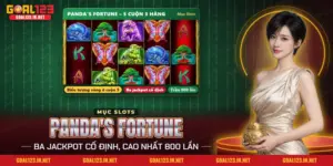 Màn nổ hũ Panda's Fortune Goal123 với cá koi, cây bonsai, bướm và cóc vàng trên năm cuộn