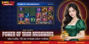 Màn quay nổ hũ Power of Thor Megaways Goal123 với các cuộn Megaways đổi độ cao và biểu tượng chiến binh
