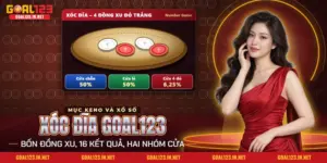 Xóc đĩa Goal123 với bốn đồng xu đỏ trắng trên đĩa và các cửa chẵn lẻ
